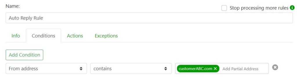 Auto-reply rule with condition based on customer email address