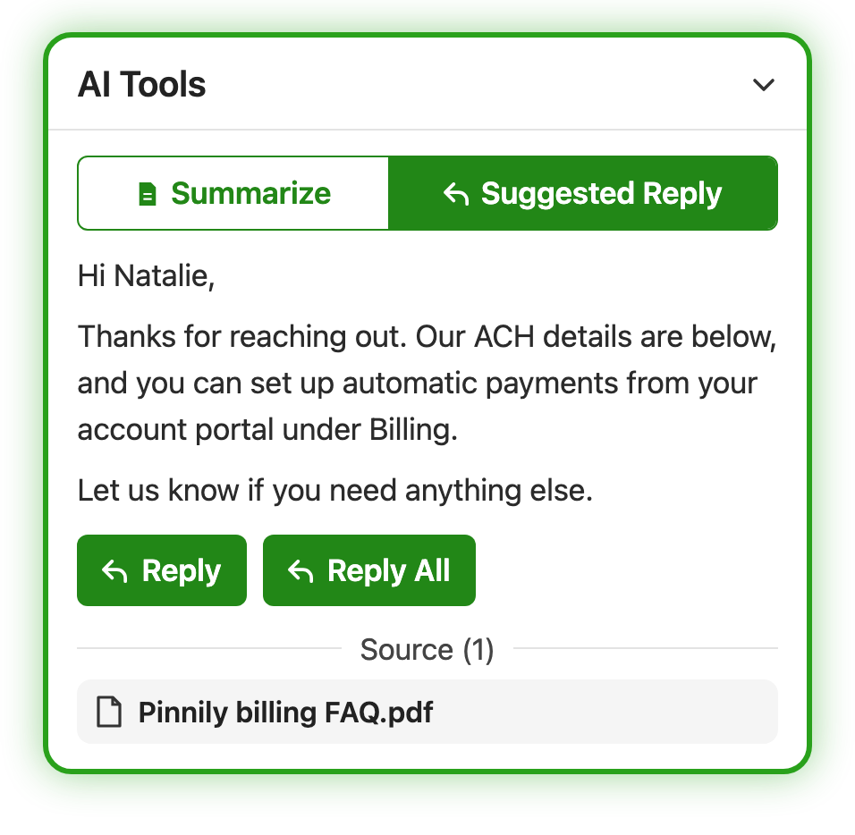 An AI suggested reply in the Emailgistics add-in, with Reply and Reply All buttons and its source, a billing FAQ document