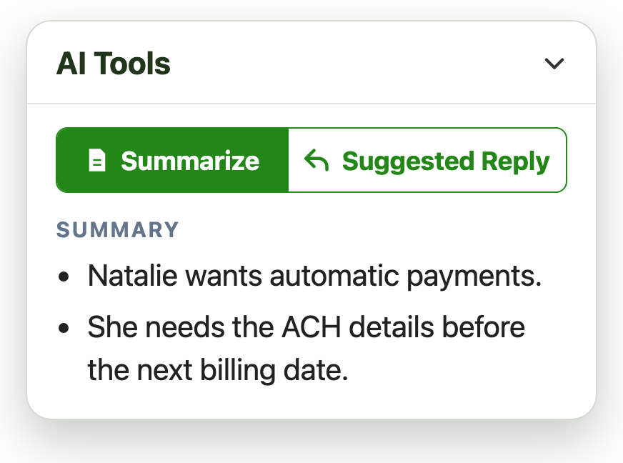 The AI Tools section of the Emailgistics add-in with a two-point summary of an email thread