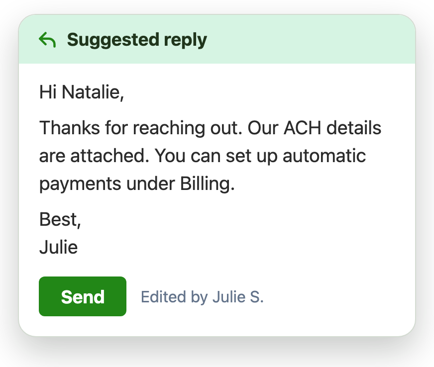 An AI suggested reply to Natalie, edited by Julie S., with a green Send button