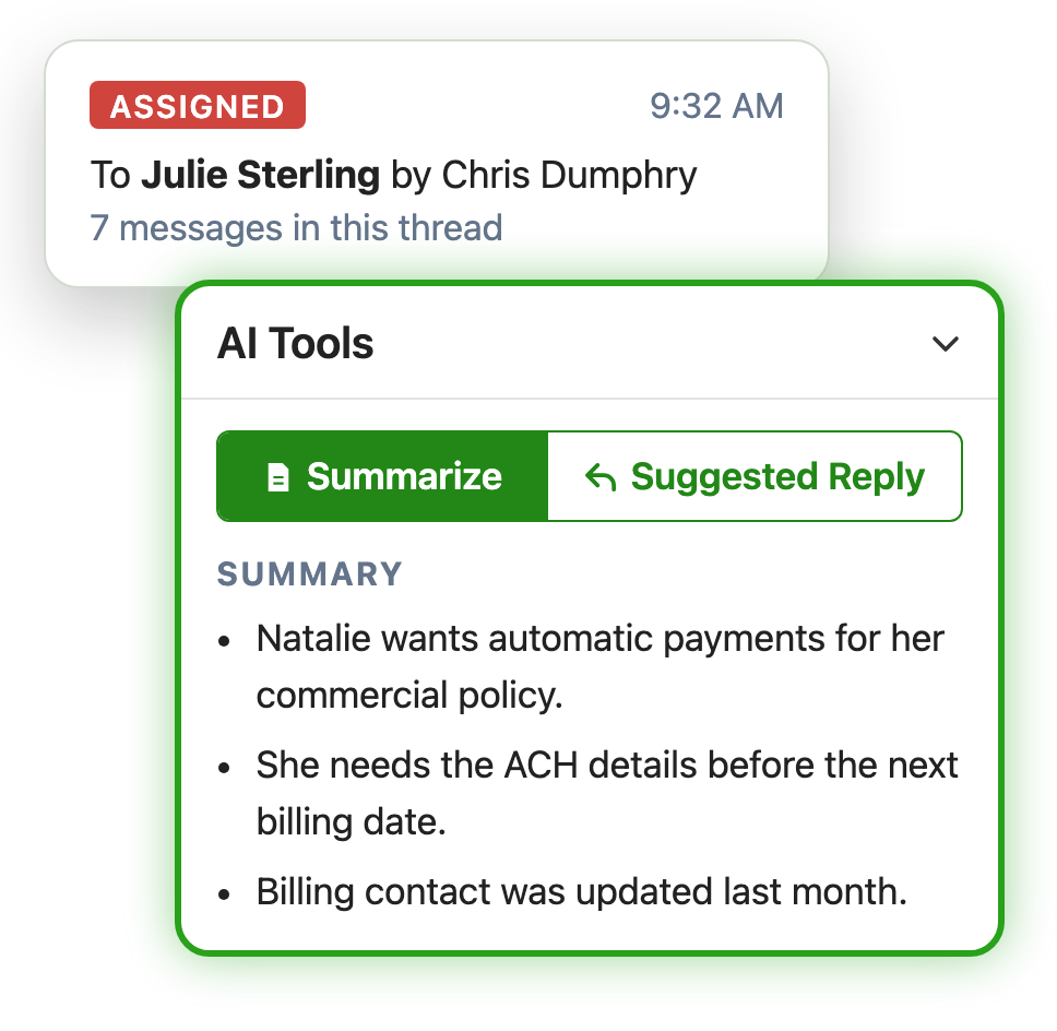 An email reassigned to Julie Sterling, with an AI summary of the seven-message thread in the Emailgistics add-in