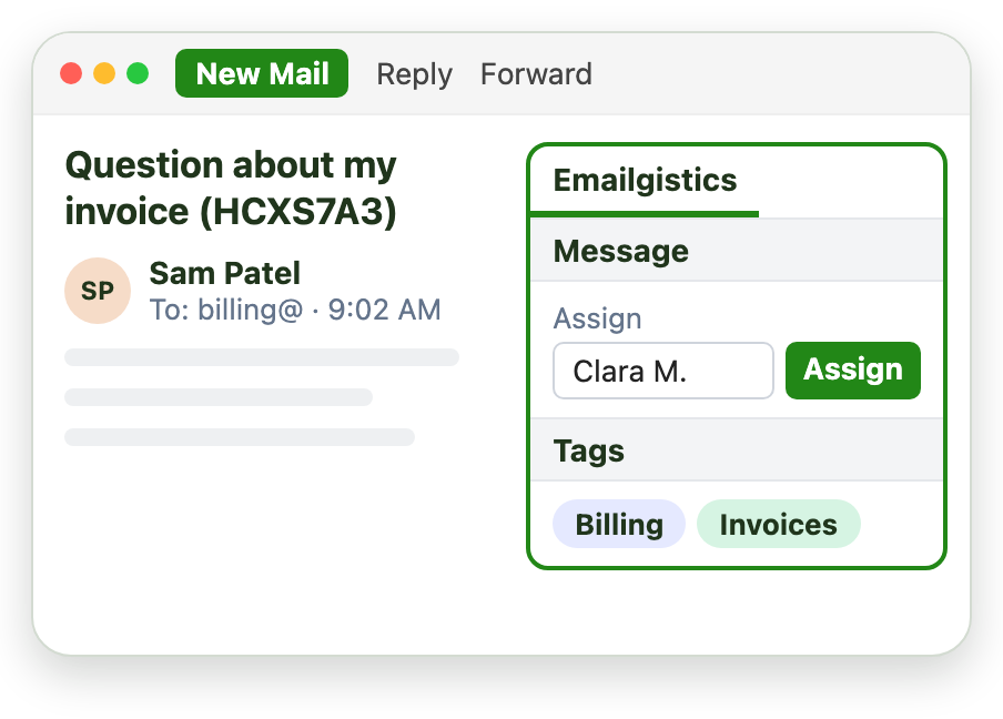 An invoice question open in Outlook with the Emailgistics pane assigning it to Clara M. and tagging it Billing and Invoices